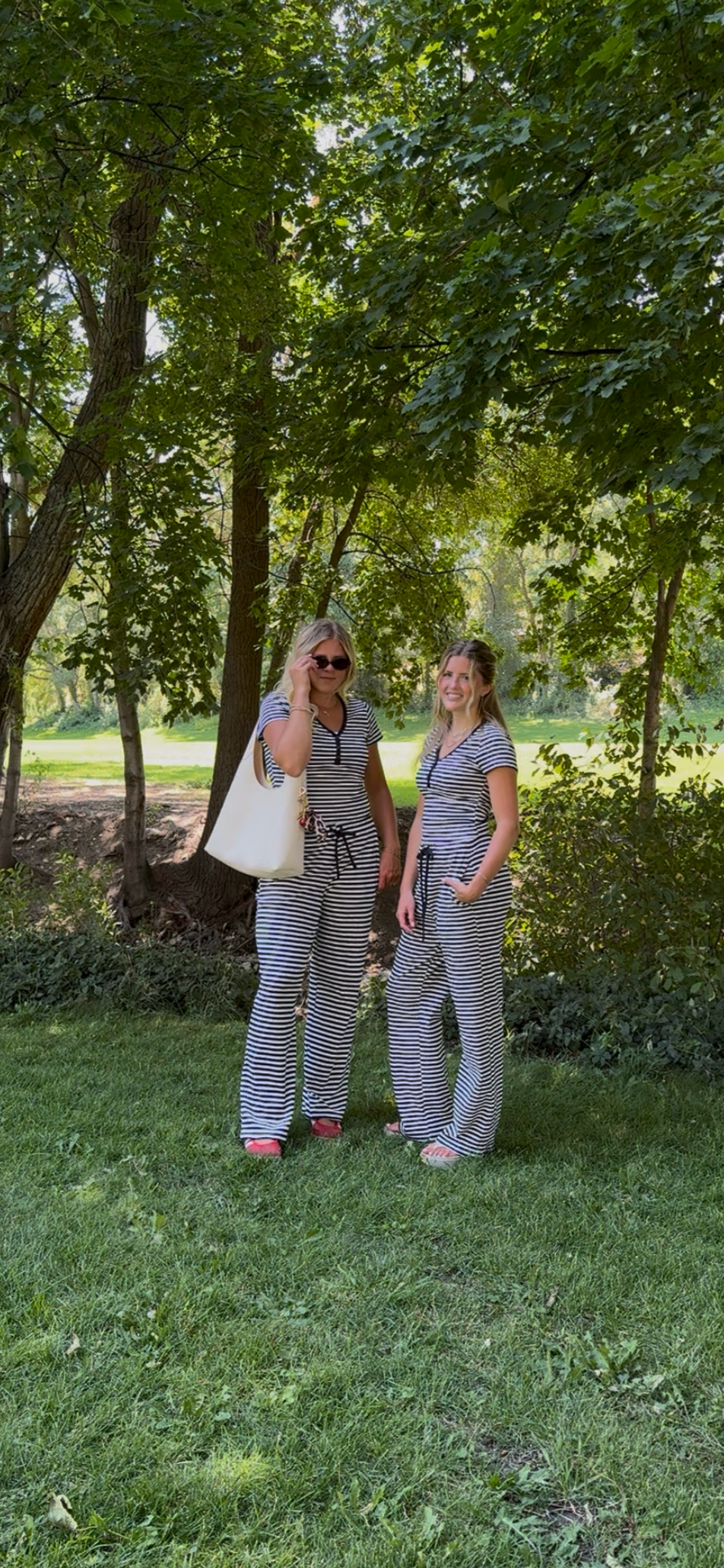 Women navy and white striped lounge set.